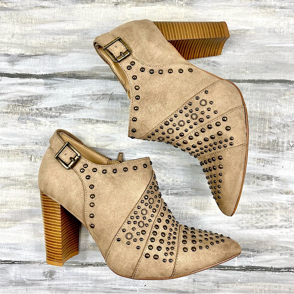 Kaari Blue Kristin Studded Booties Heel Western  Shooties Pointed Toe Suede Shoe